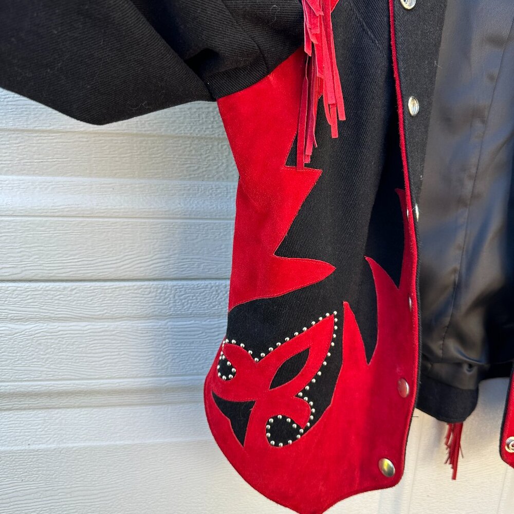 Vtg Western Suede Jacket Coat Tassels Fringe Red Black Corduroy Diamonds Leather - Picture 8 of 15